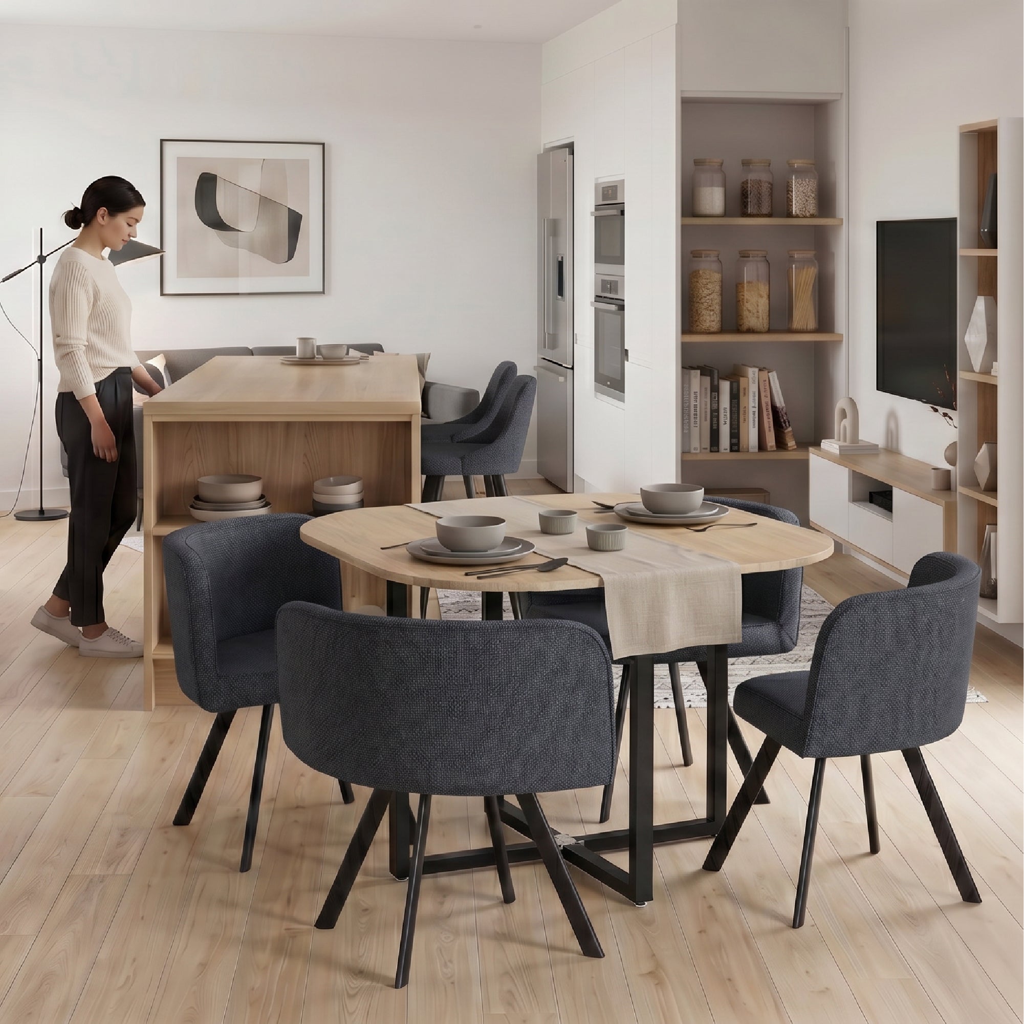 ISMET - Conjunto de mesa e 4 cadeiras de refeição 100 × 100 cm, efeito madeira natural, tecido cinzento e estrutura metálica preta
