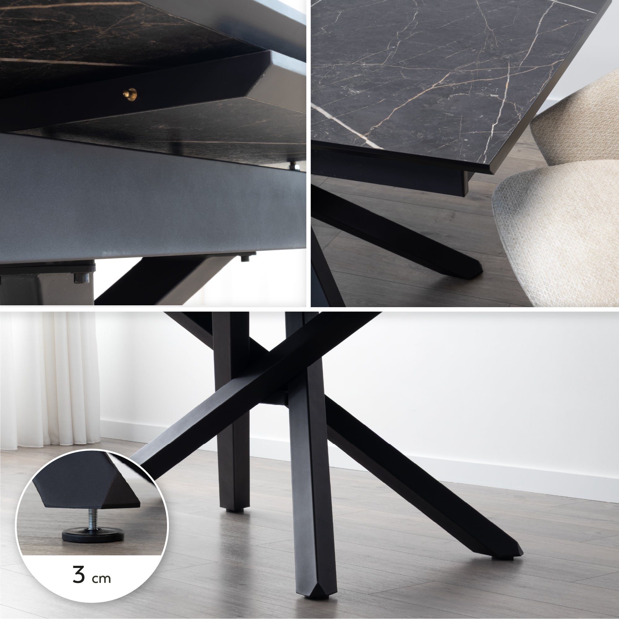 TAYLOR + JANE | Conjunto de mesa de comedor extensible 160-200x90 cm con 6 u 8 sillas en tejido beige y tablero efecto mármol negro