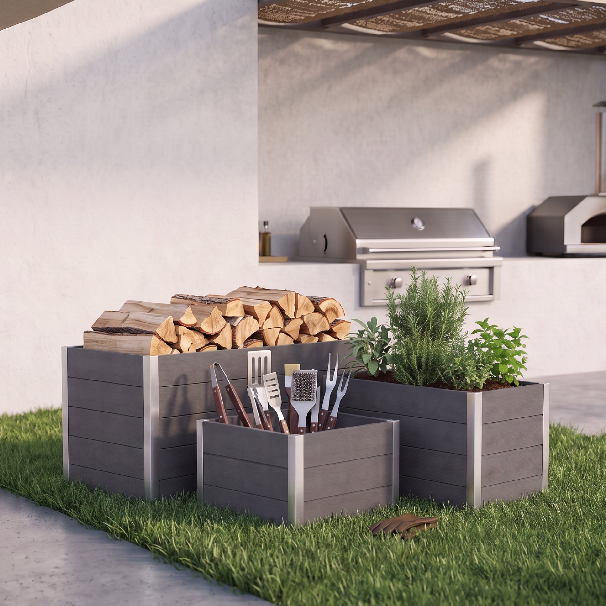 BOTAN - Jardinera elevada de exterior de WPC, rectangular o cuadrada, sin fondo, 221, 300 o 788 L