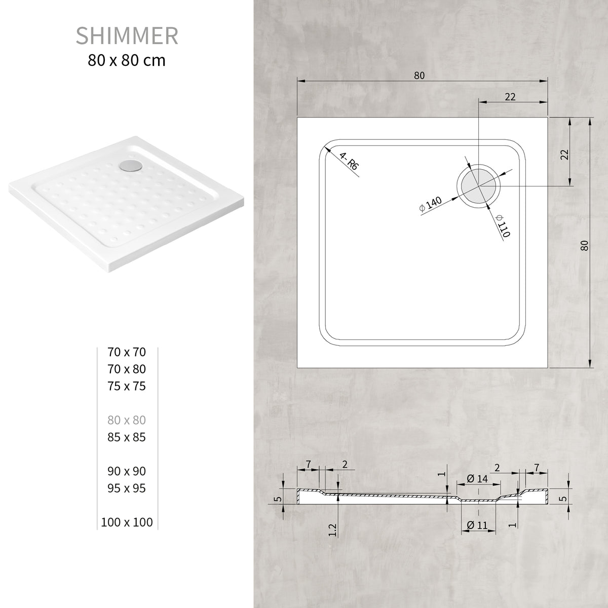 SHIMMER - Base de duche Bubble Acrílica, Textura "bolhas", Extraplana 5cm, Sifão e Válvula incluídos