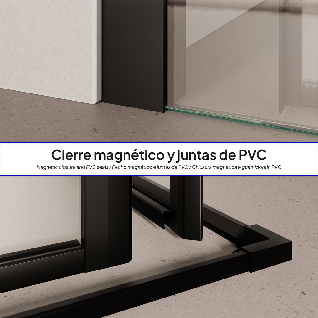 KAYLEE - Cabina de ducha angular con puertas correderas, cristal transparente de 6 mm y perfil negro mate