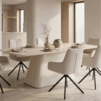 RILKE - Tavolo da pranzo con piano effetto pietra beige chiaro e struttura in metallo color crema