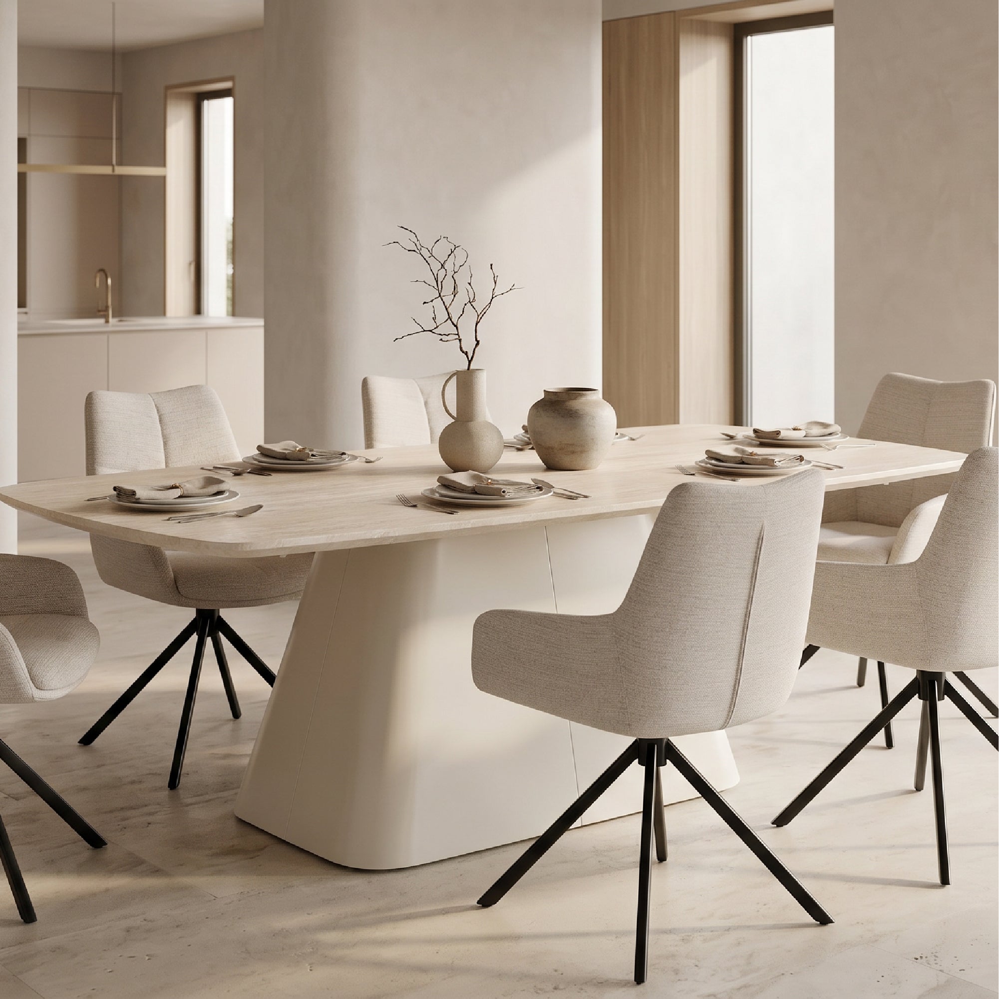 RILKE - Tavolo da pranzo con piano effetto pietra beige chiaro e struttura in metallo color crema