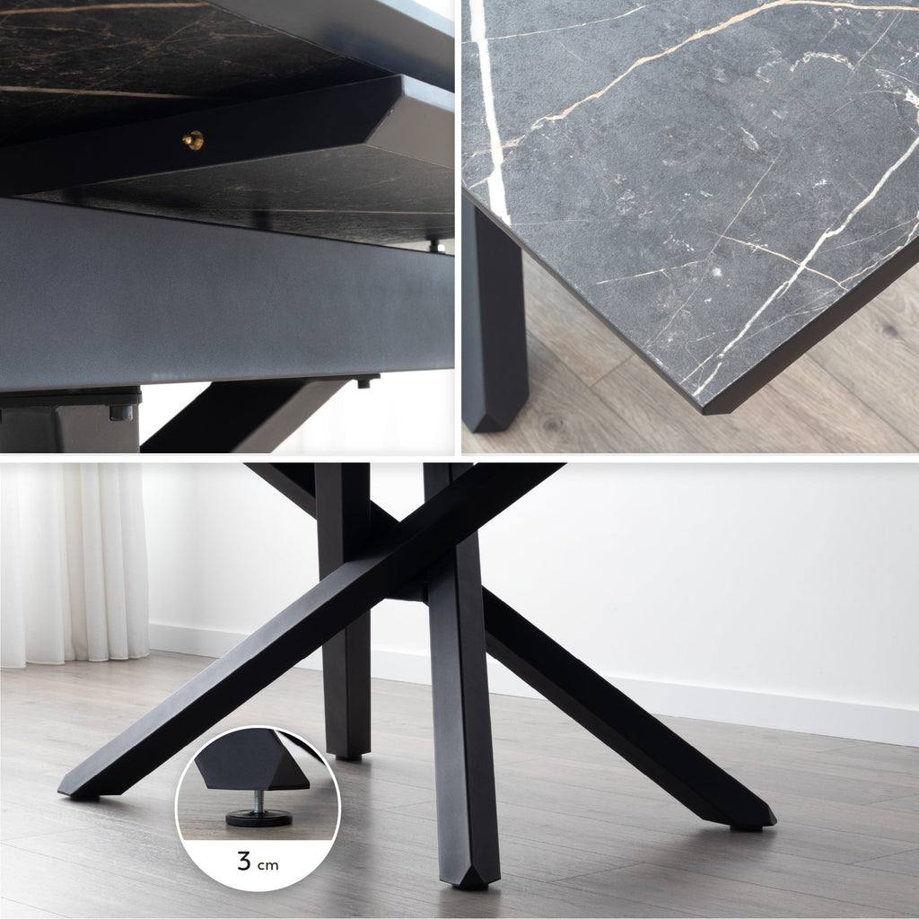 TAYLOR - Mesa de comedor/cocina extensible con tablero de 2,5 cm en melamina con efecto mármol y estructura de metal negro