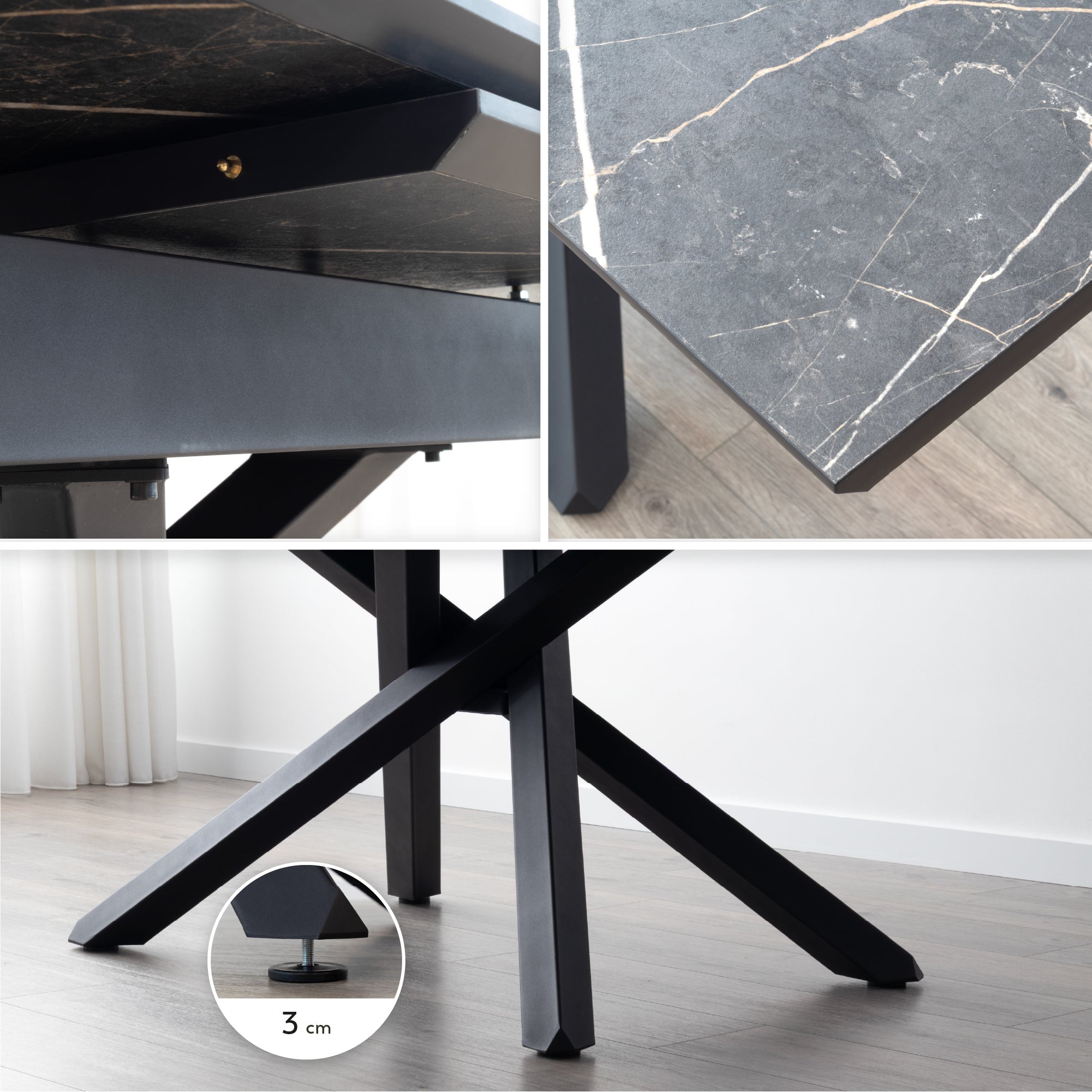 TAYLOR - Mesa de comedor/cocina extensible con tablero de 2,5 cm en melamina con efecto mármol y estructura de metal negro