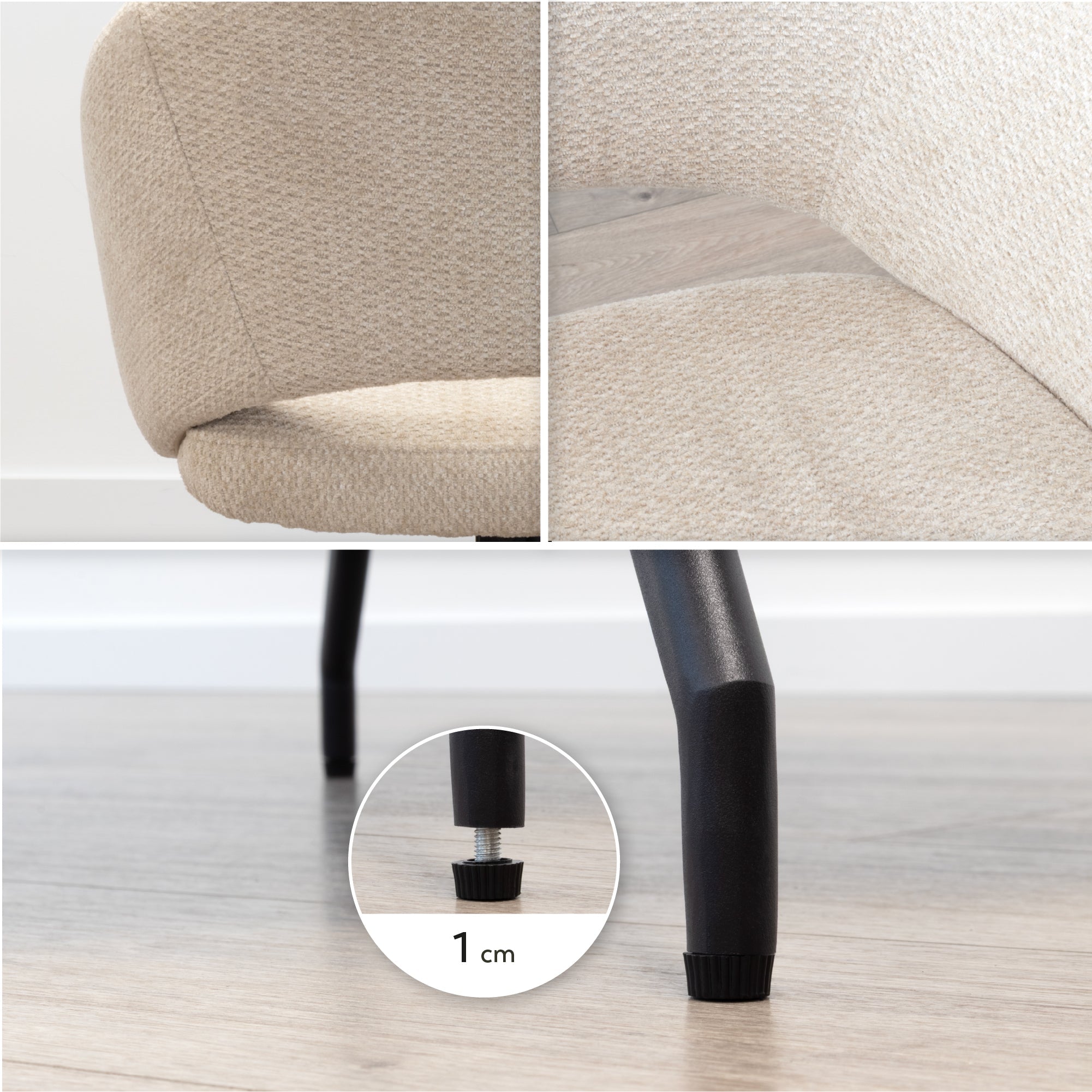 JANE - Conjunto de 2 sillas de comedor tapizadas y giratorias 360°, en tejido beige con estructura de metal negro