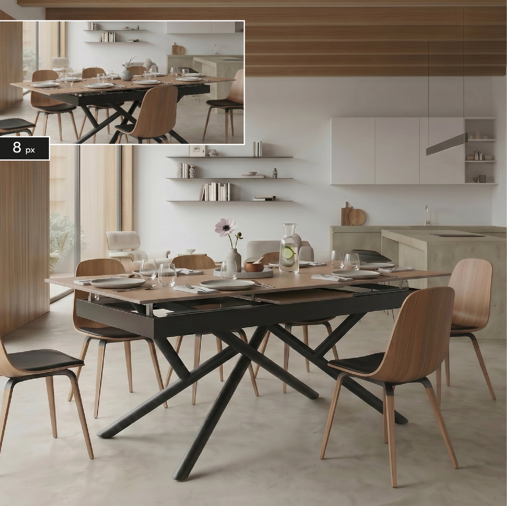 ALISON - Mesa de jantar extensível 160–200 × 90 cm, tampo cerâmico efeito madeira e estrutura metálica preta