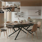 ALISON - Mesa de jantar extensível 160–200 × 90 cm, tampo cerâmico efeito madeira e estrutura metálica preta