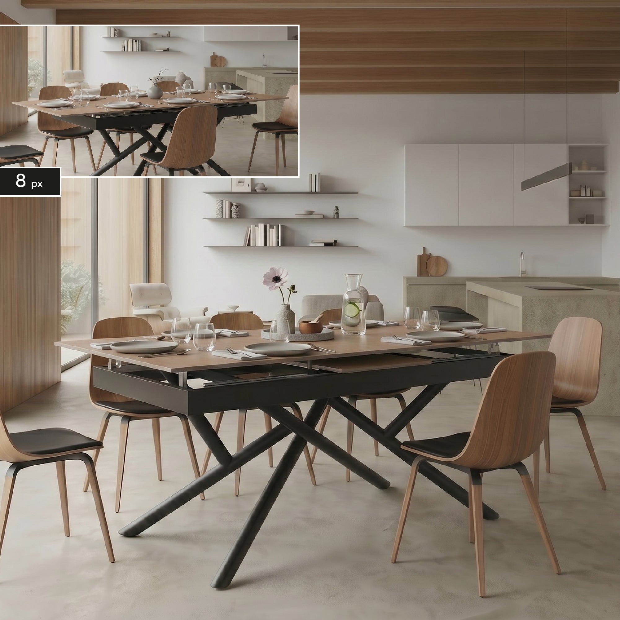 ALISON - Mesa de jantar extensível 160–200 × 90 cm, tampo cerâmico efeito madeira e estrutura metálica preta