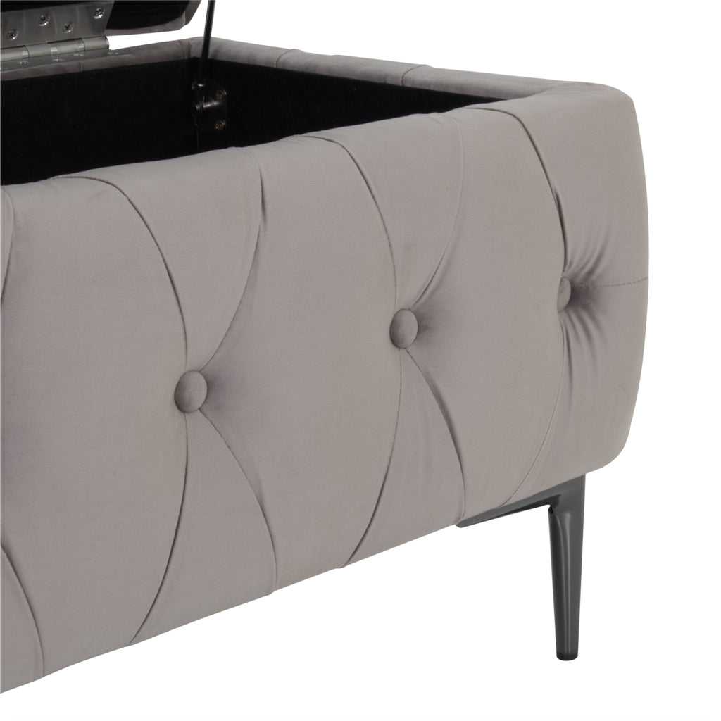 AMOUR - Banqueta baú em veludo cinzento com arrumação interior, assento capitonné e pernas metálicas pretas