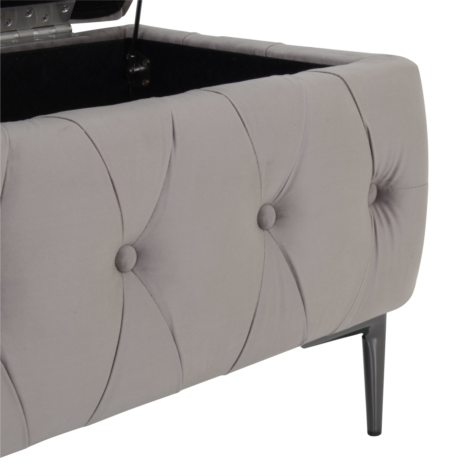 AMOUR - Banqueta baú em veludo cinzento com arrumação interior, assento capitonné e pernas metálicas pretas
