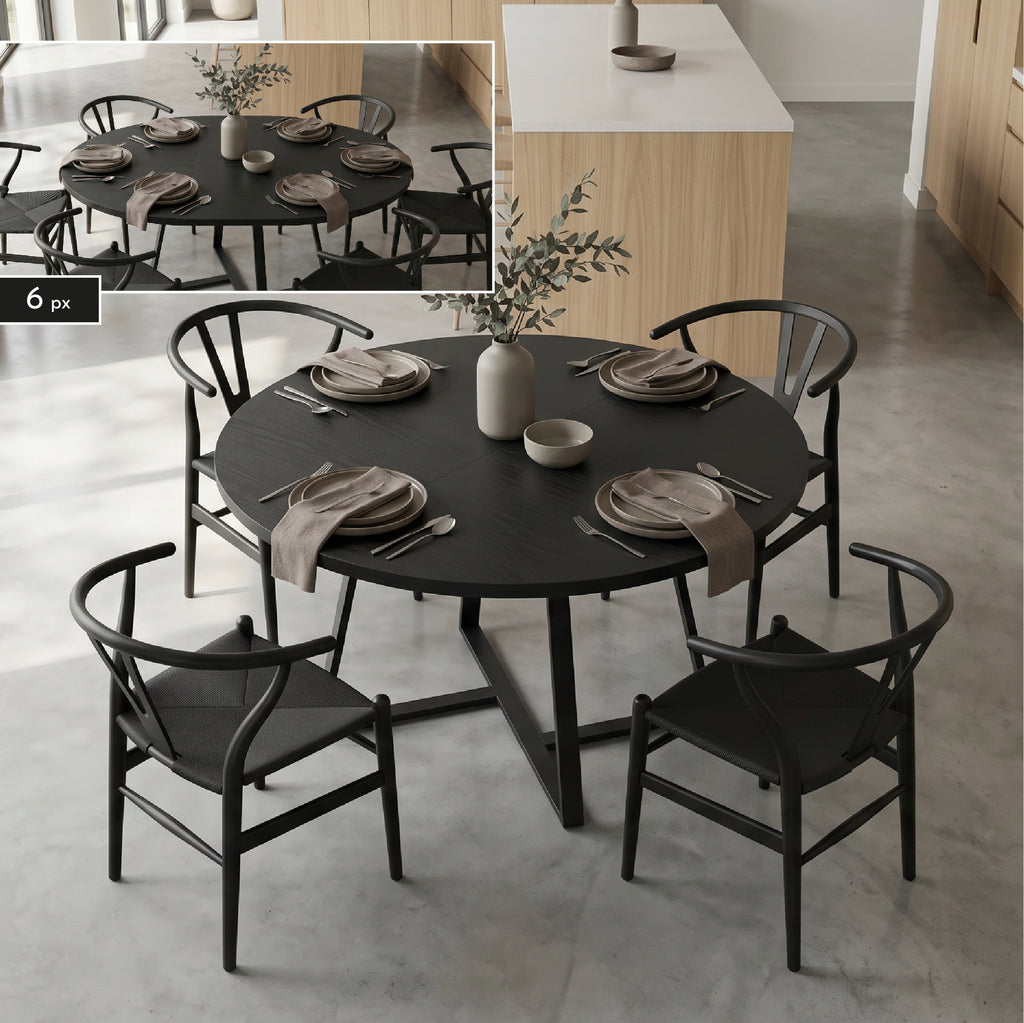 KERI - Mesa de refeição extensível redonda em melamina com estrutura metálica preta
