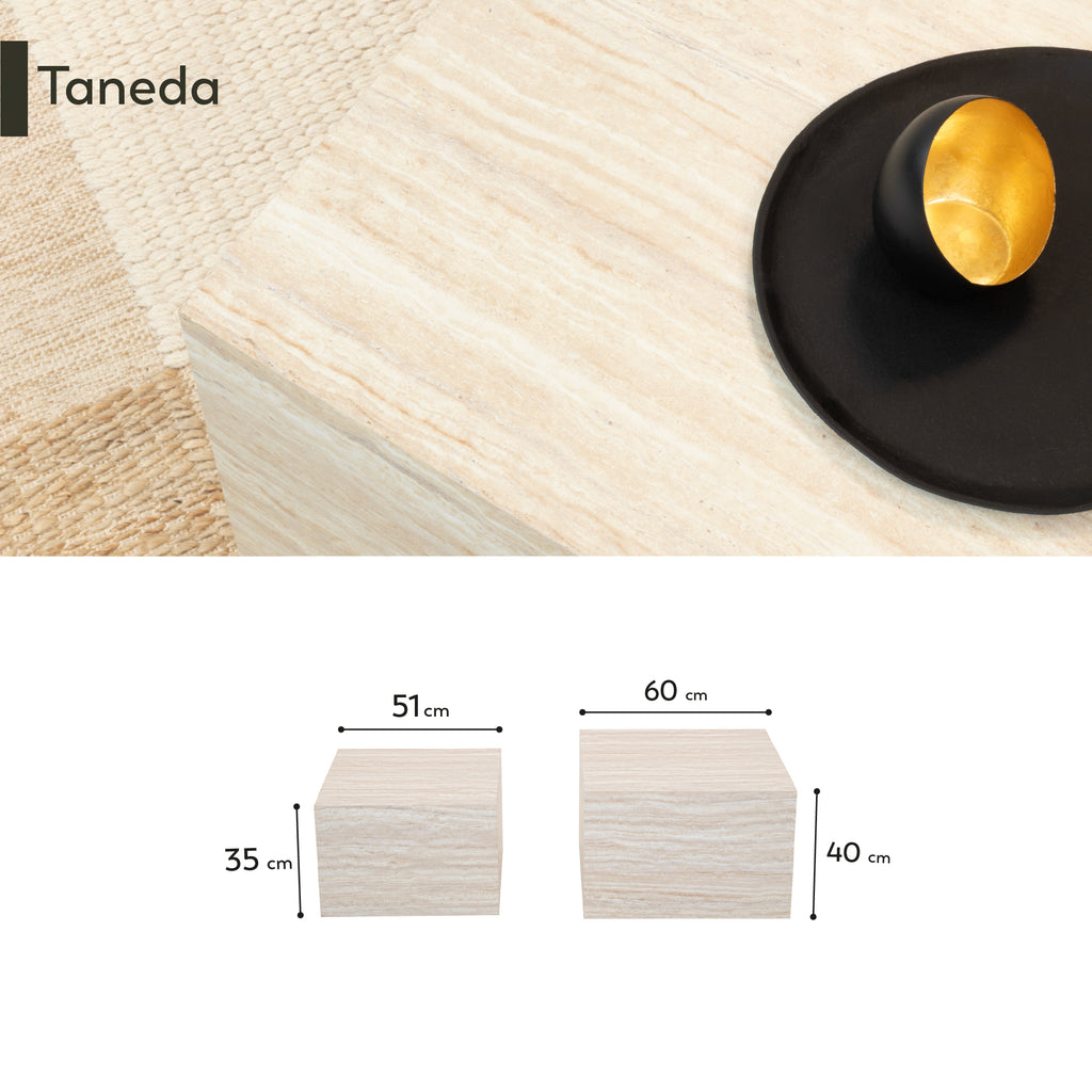 TANEDA - Conjunto de 2 mesas de centro quadradas em MDF com acabamento efeito pedra bege claro - 60 e 51 cm