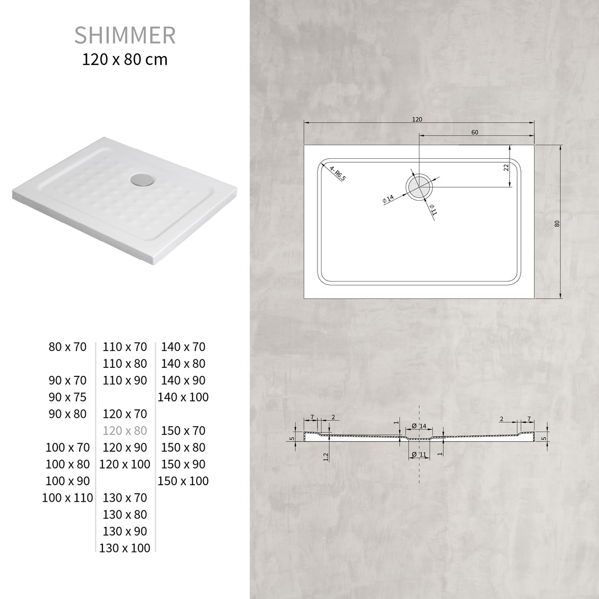 SHIMMER - Base de duche Bubble Acrílica, Textura "bolhas", Extraplana 5cm, Sifão e Válvula incluídos