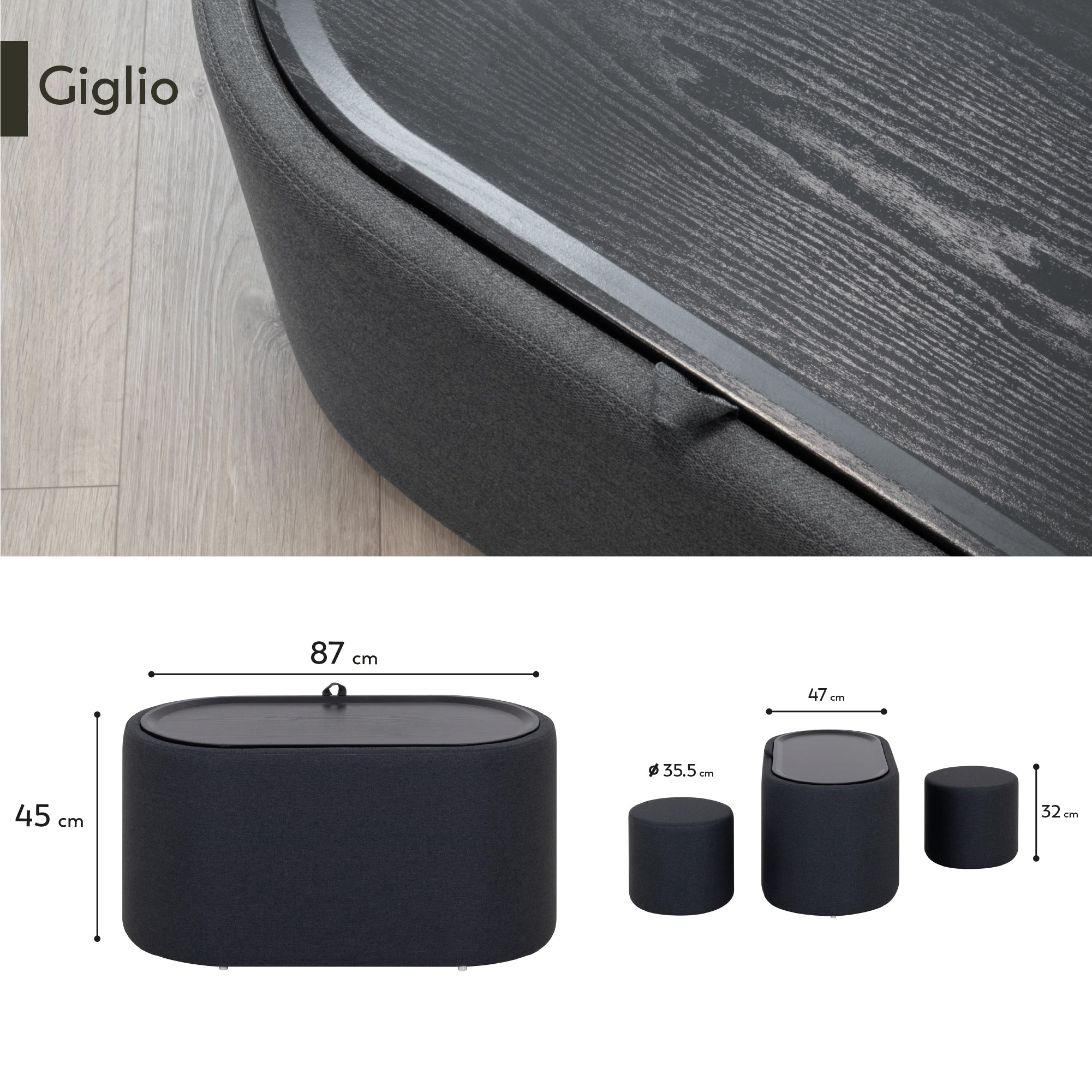 GIGLIO - Mesa de centro con 2 asientos encajables, tablero efecto madera negra y revestimiento en tejido gris oscuro (87x47x45 cm)