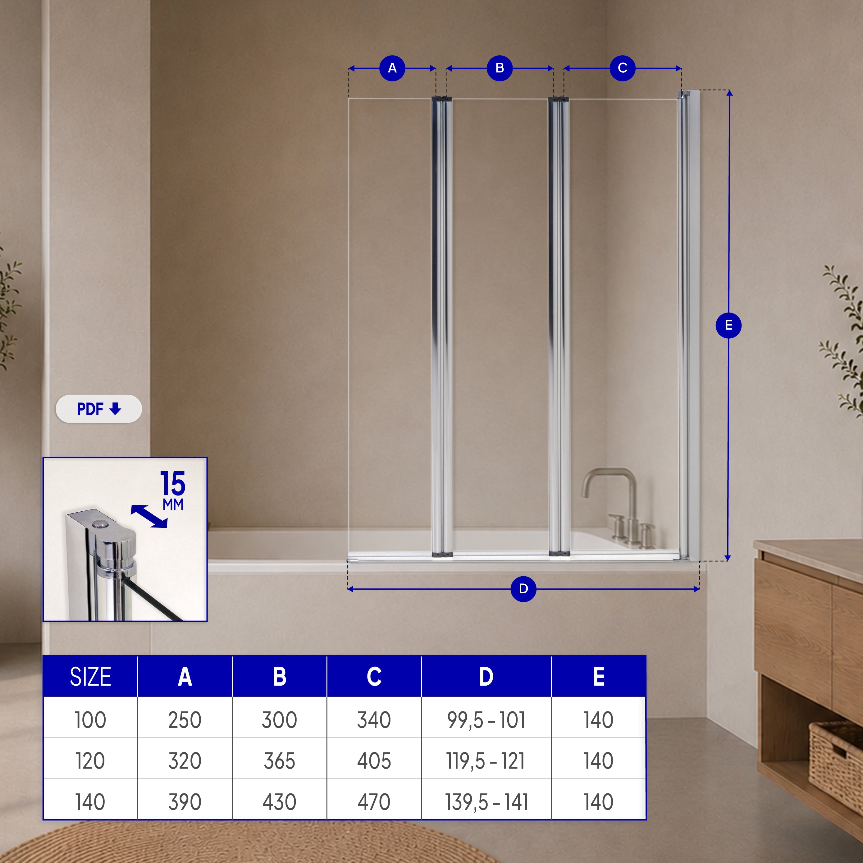 PETRA | Mampara de bañera con 3 paneles abatibles, perfiles cromados y vidrio templado transparente 6 mm ESG Nano