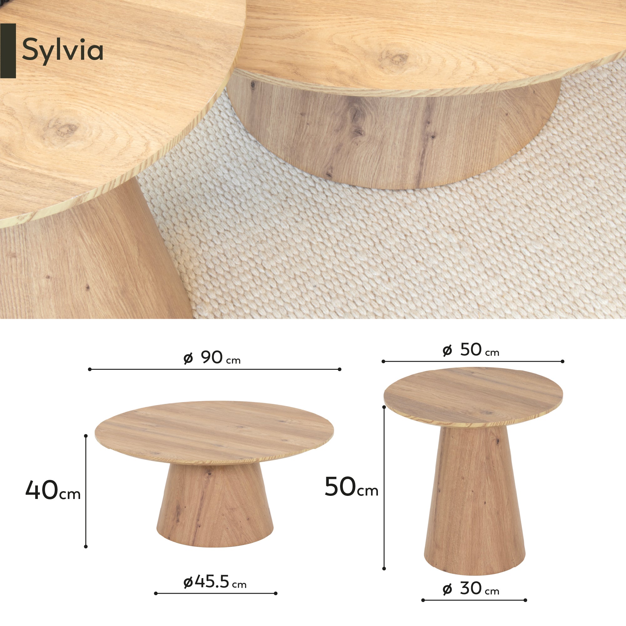 SYLVIA | Conjunto de 2 mesas de café/centro con tablero de melamina de 25 mm y estructura en MDF Ø 90 y Ø 50 cm