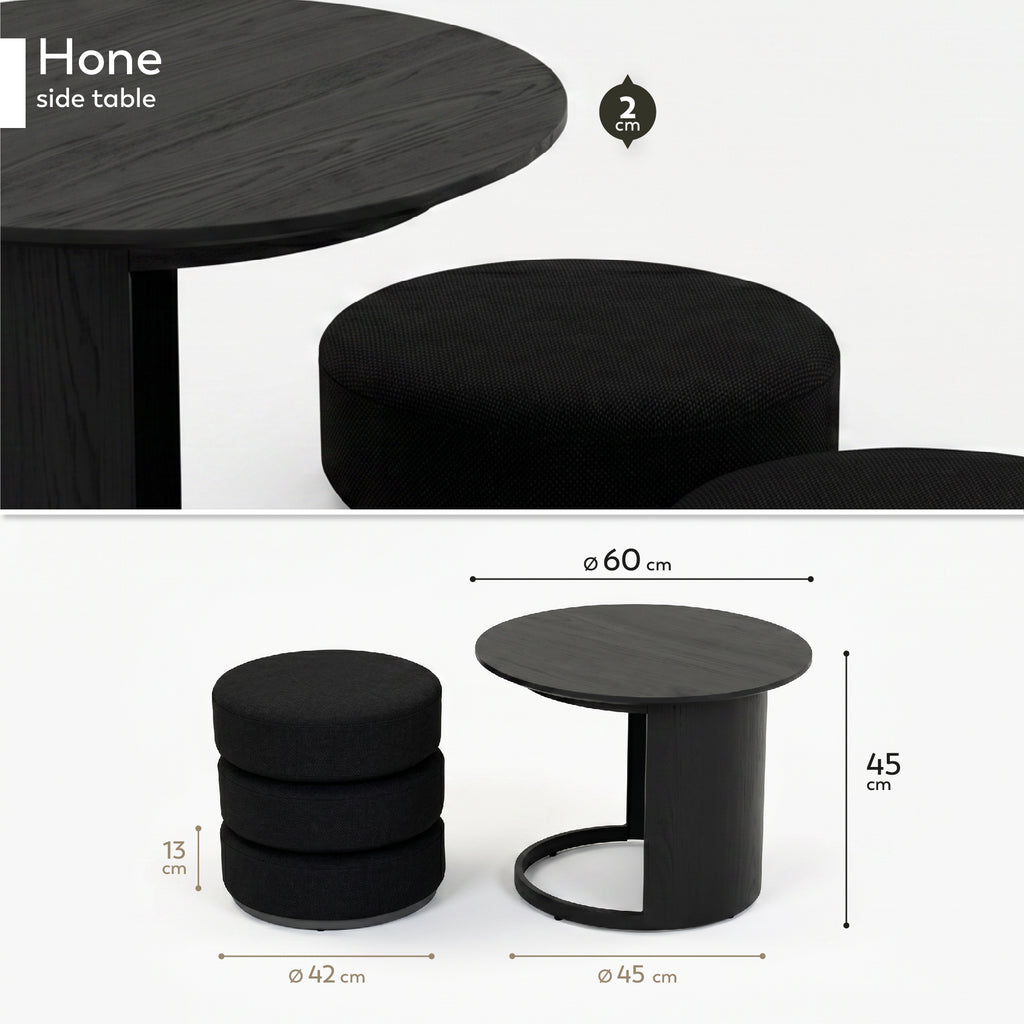 HONE - Mesa de centro Ø60 x 45 cm em melamina preta efeito madeira com 3 puffs redondos em tecido preto