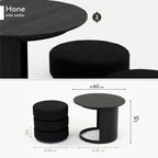 HONE - Mesa de centro Ø60 x 45 cm em melamina preta efeito madeira com 3 puffs redondos em tecido preto