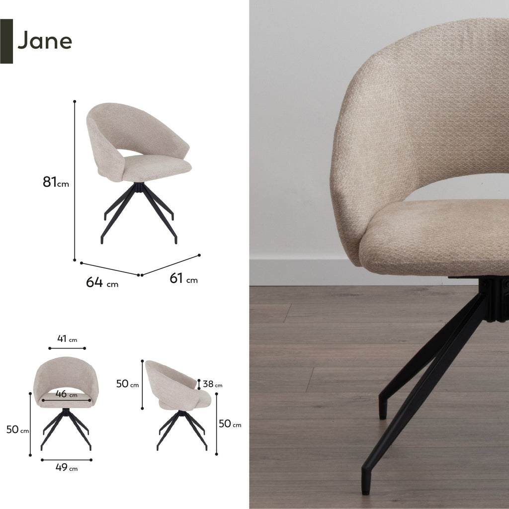 JANE - Conjunto de 2 sillas de comedor tapizadas y giratorias 360°, en tejido beige con estructura de metal negro