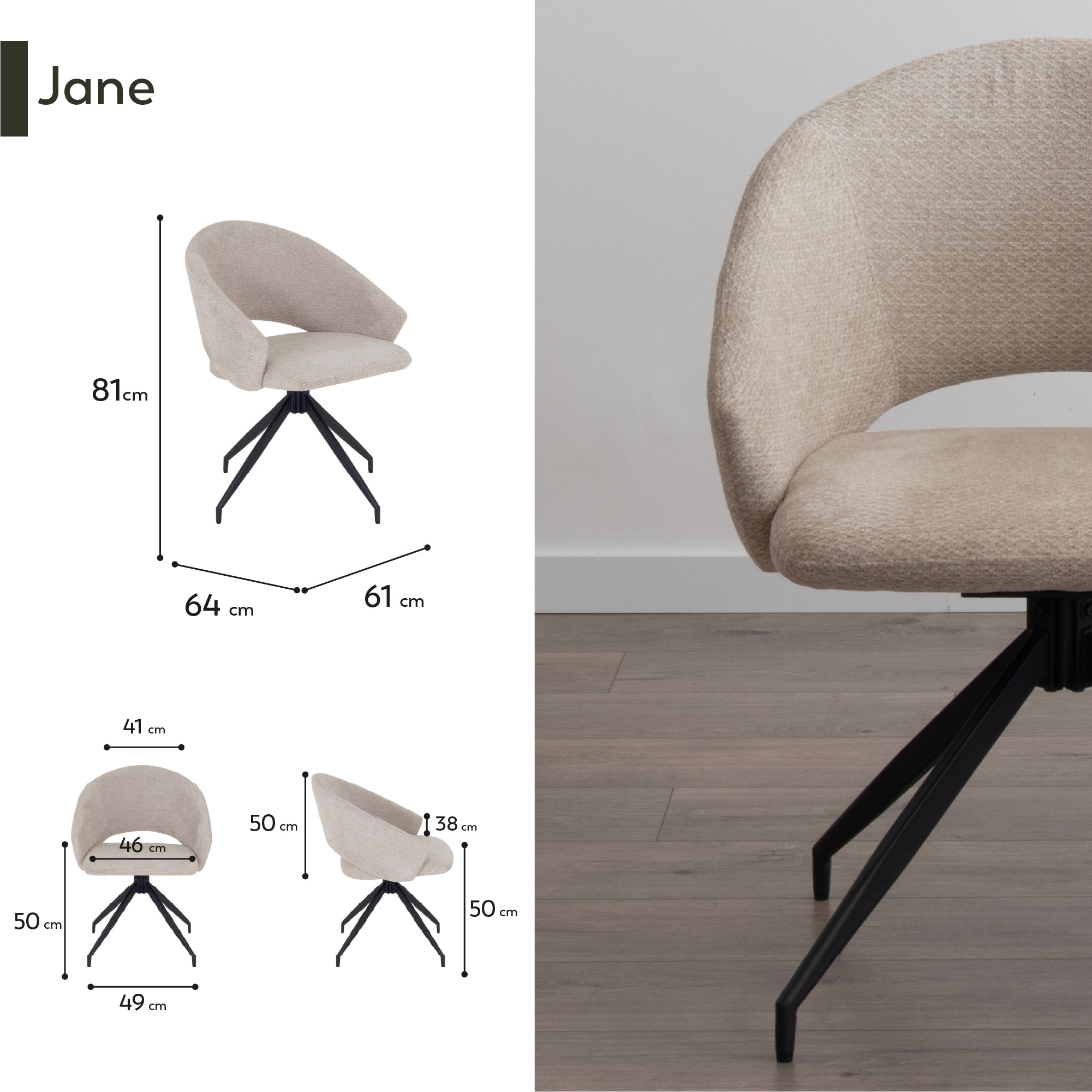 JANE - Conjunto de 2 sillas de comedor tapizadas y giratorias 360°, en tejido beige con estructura de metal negro
