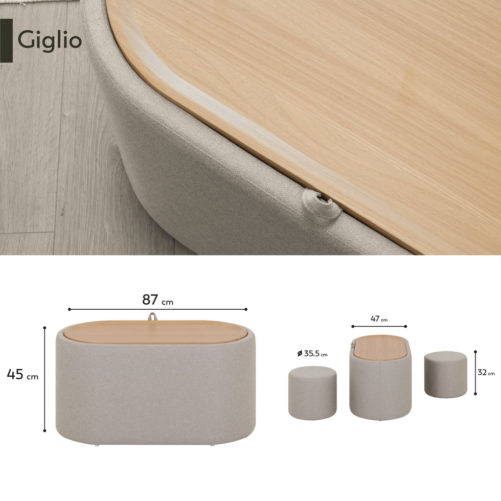 GIGLIO - Mesa de centro con 2 asientos encajables, tablero efecto roble y revestimiento en tejido beige (87x47x45 cm)