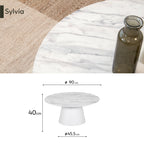 SYLVIA - Mesa de centro con tablero de melamina de 25 mm con efecto mármol y estructura de MDF blanca (Ø 90 x 40 cm)