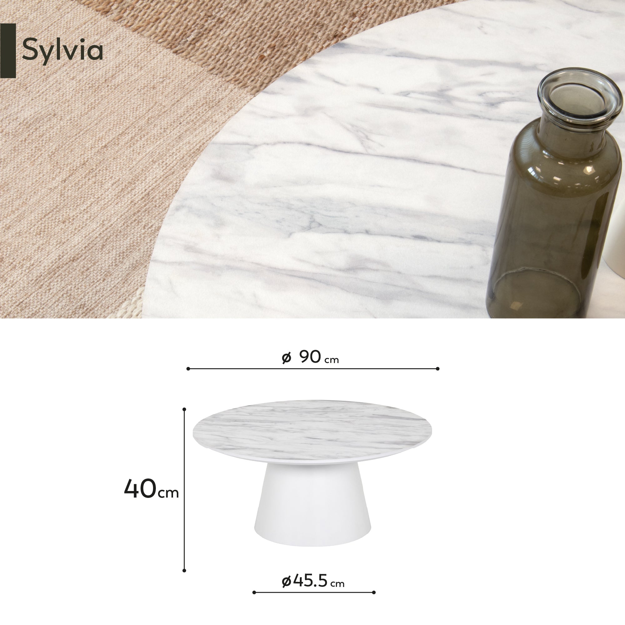 SYLVIA - Mesa de centro con tablero de melamina de 25 mm con efecto mármol y estructura de MDF blanca (Ø 90 x 40 cm)