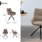 RAINER - Conjunto de 2 sillas de comedor giratorias 360°, en tejido marrón, estructura de metal negro