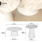 SYLVIA | Conjunto de 2 mesas de café/centro com tampo em melamina de 25 mm efeito mármore e estrutura em MDF branca Ø 90 e Ø 50 cm