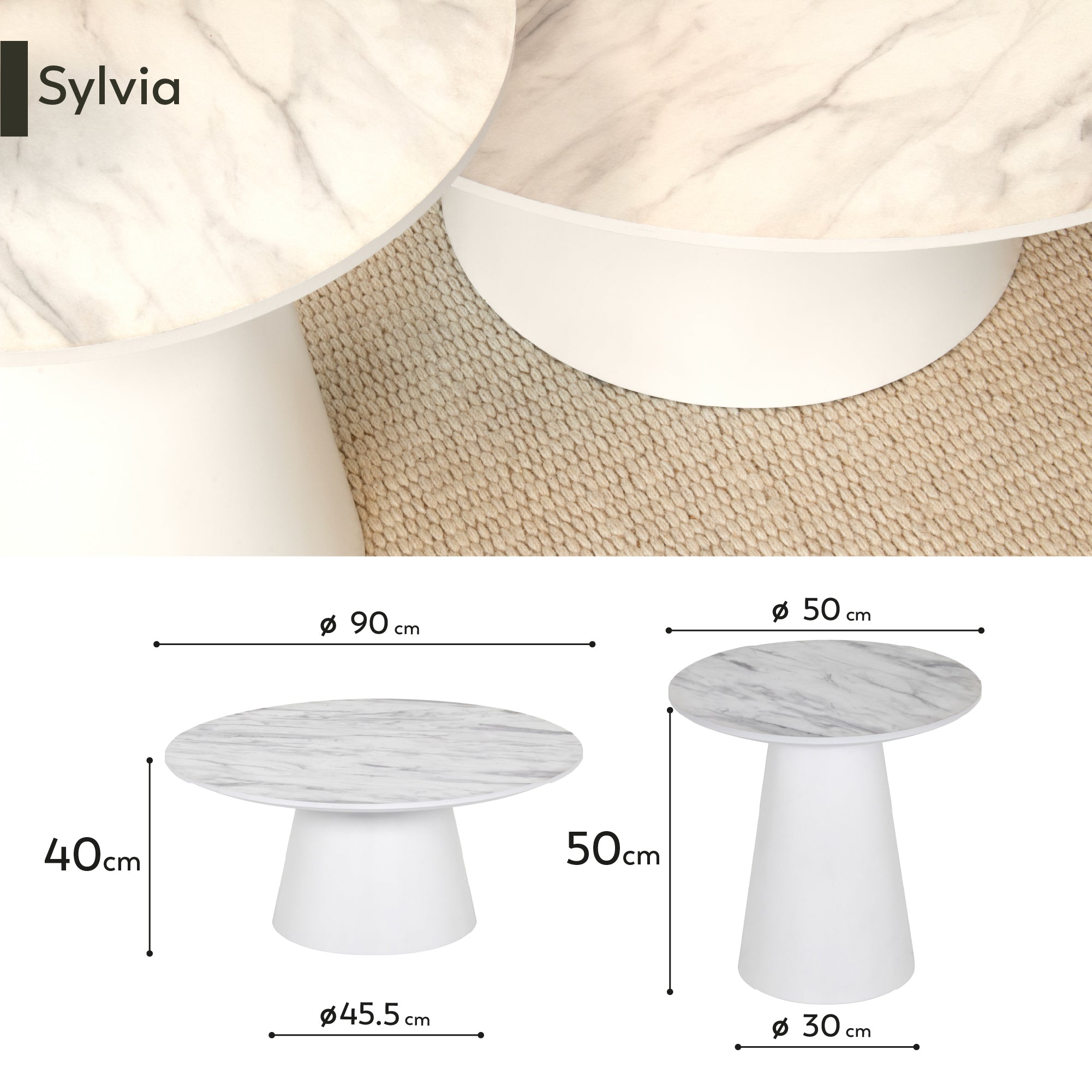 SYLVIA | Conjunto de 2 mesas de café/centro com tampo em melamina de 25 mm efeito mármore e estrutura em MDF branca Ø 90 e Ø 50 cm