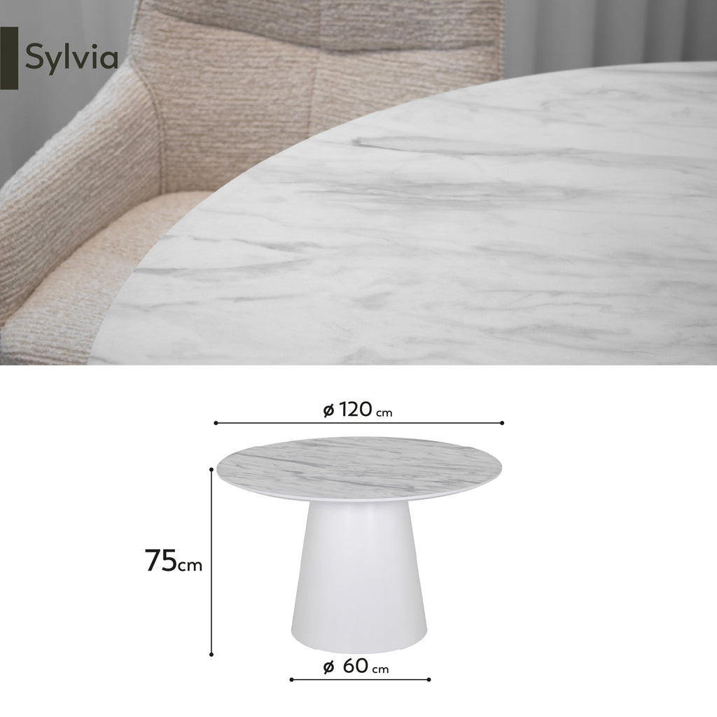 SYLVIA - Mesa de jantar com tampo em melamina efeito mármore e estrutura em MDF branco (Ø120 x 75 cm)