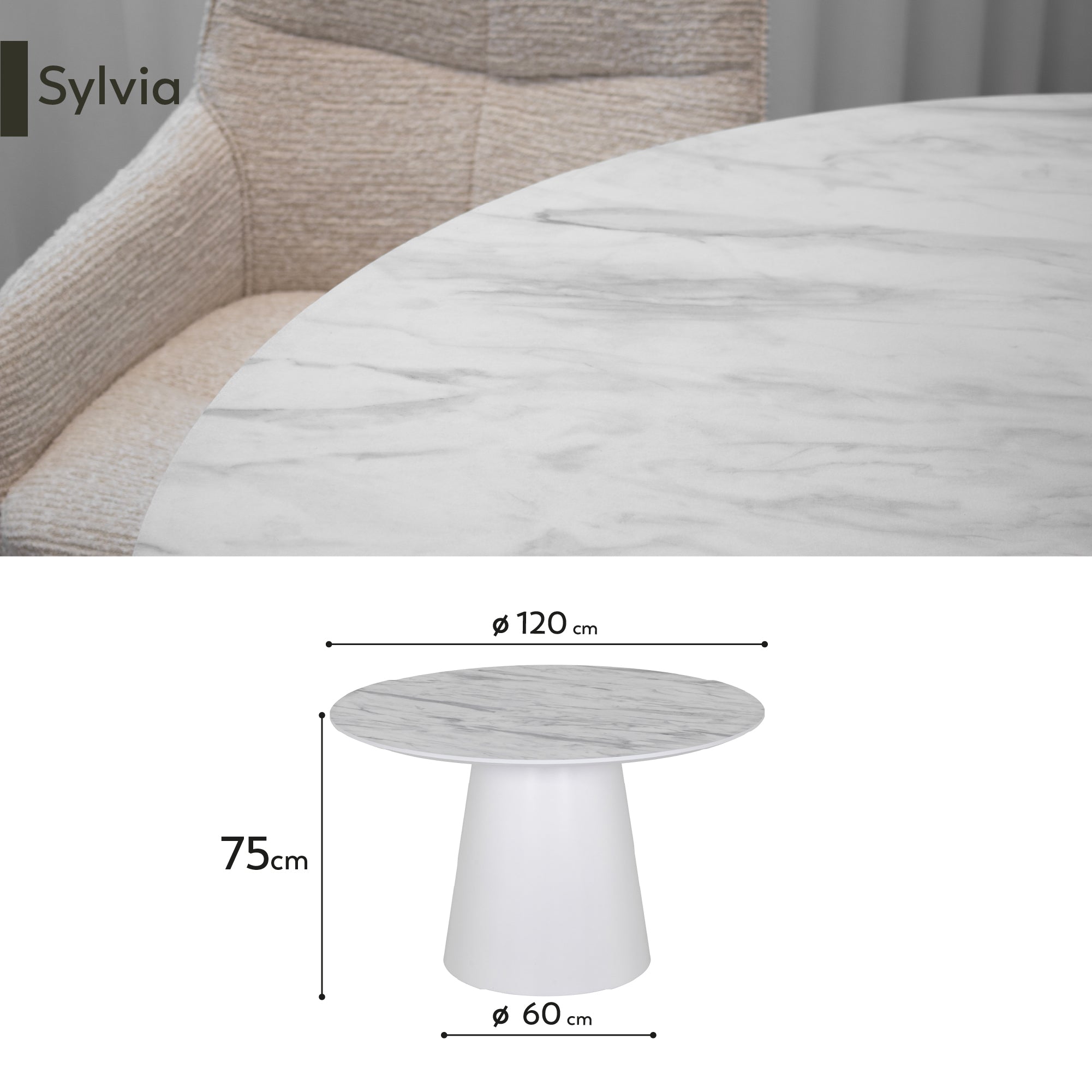 SYLVIA - Mesa de jantar com tampo em melamina efeito mármore e estrutura em MDF branco (Ø120 x 75 cm)