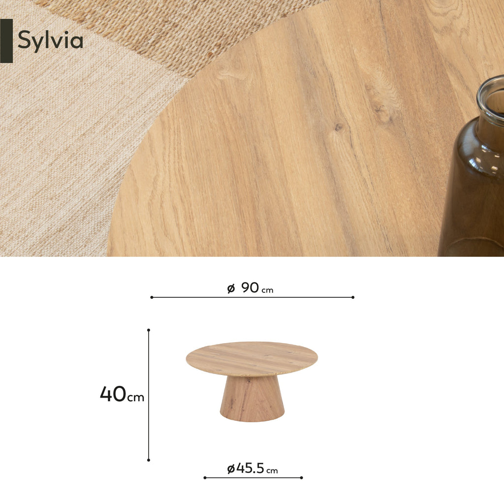SYLVIA - Mesa de centro con tablero de melamina de 25 mm y estructura de MDF con efecto madera (Ø 90 x 40 cm)