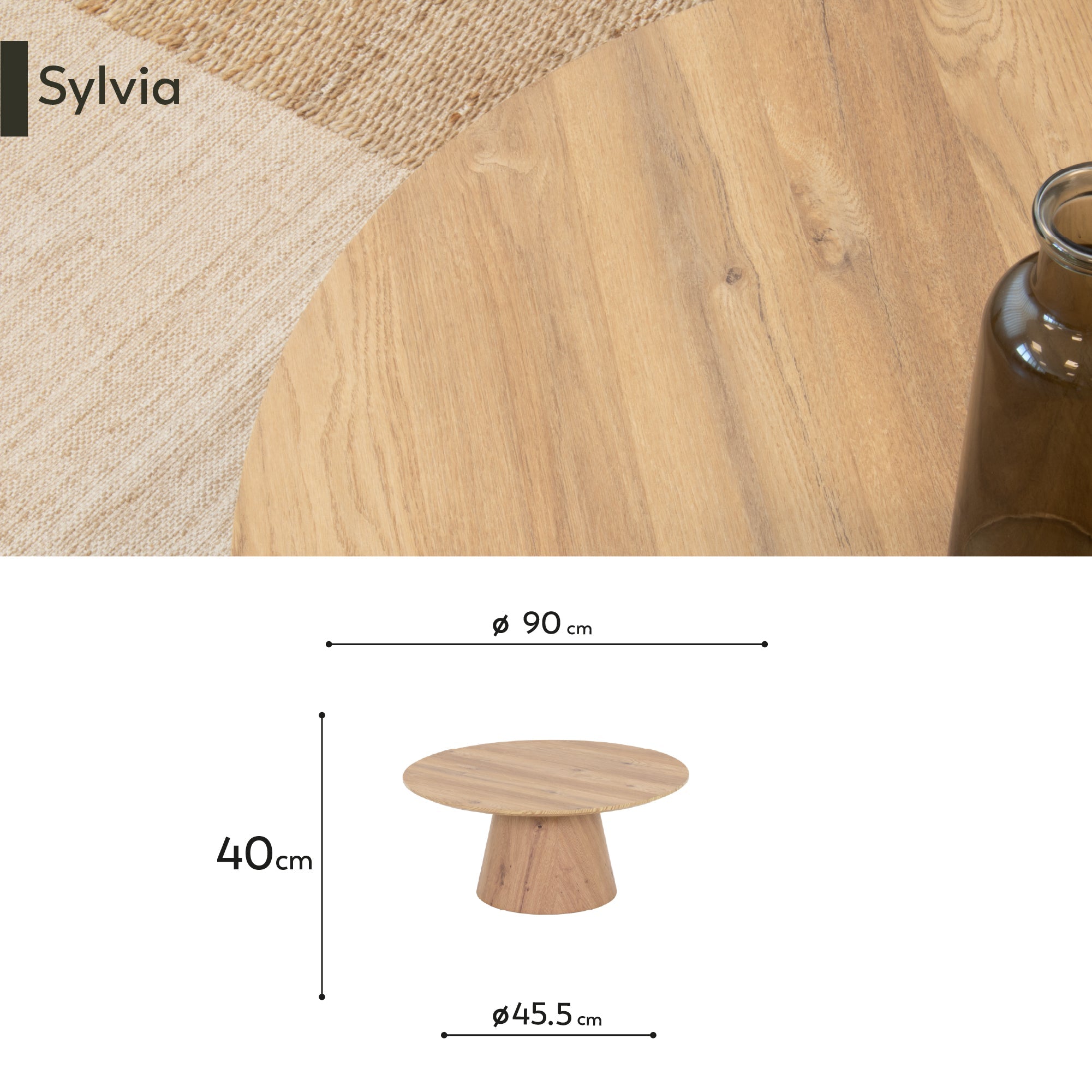 SYLVIA - Mesa de centro con tablero de melamina de 25 mm y estructura de MDF con efecto madera (Ø 90 x 40 cm)
