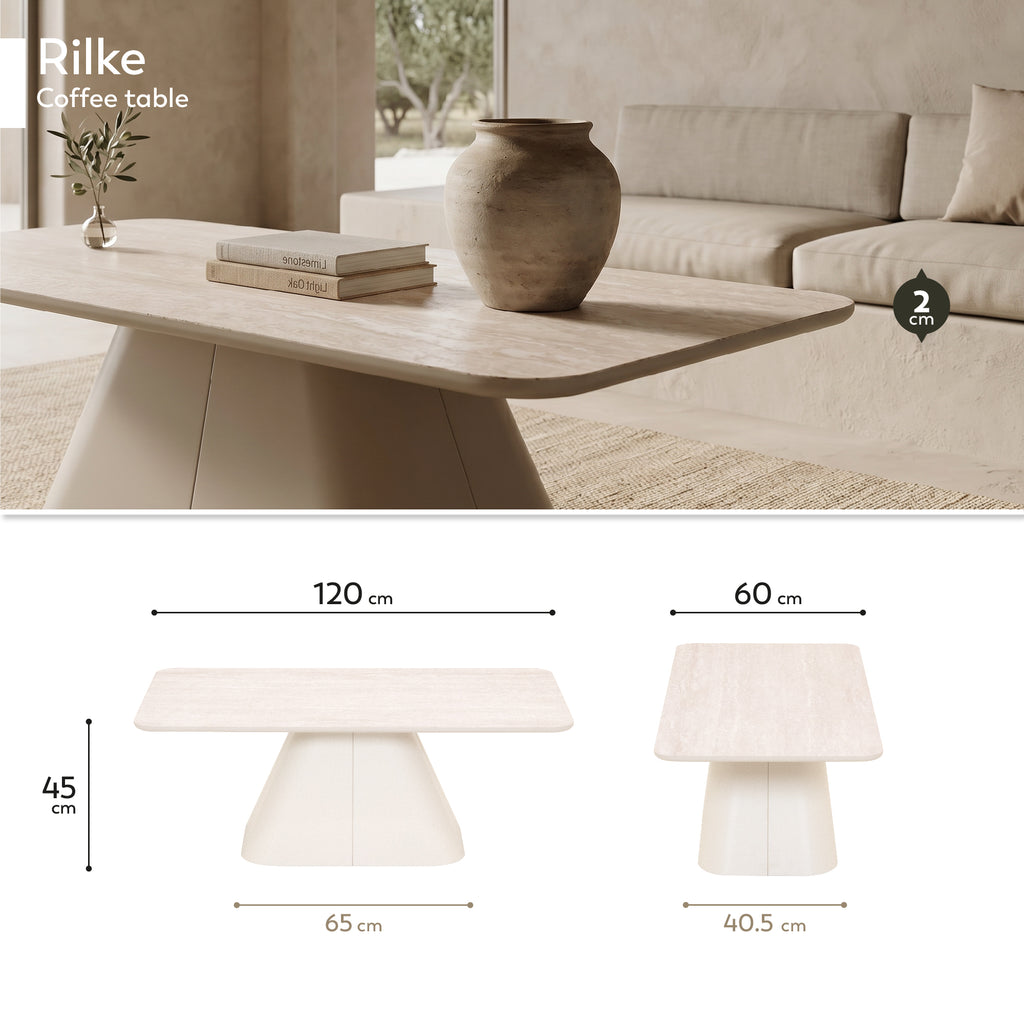 RILKE - Mesa de centro com tampo efeito pedra bege claro e estrutura metálica creme