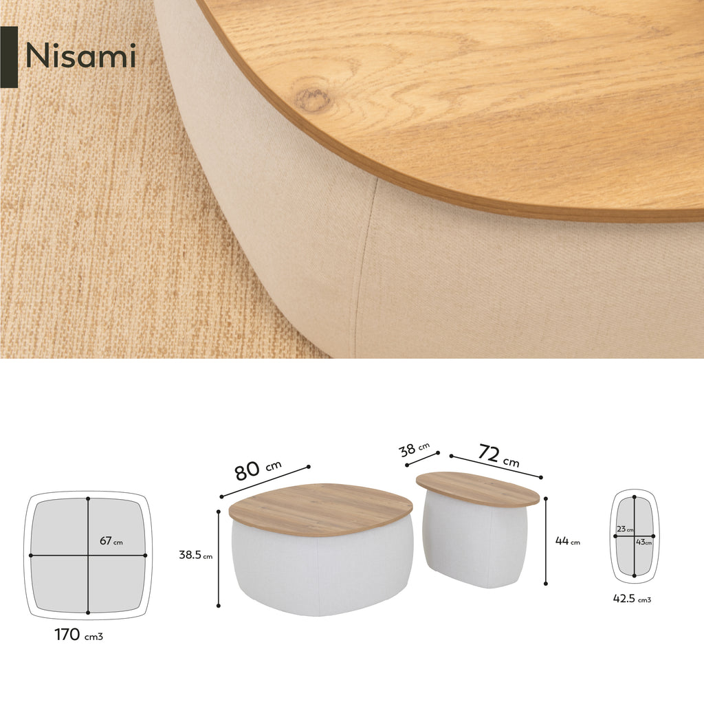 NISAMI | Conjunto de 2 mesas de café/centro encaixáveis com tampo em melamina efeito madeira e revestimento em tecido branco