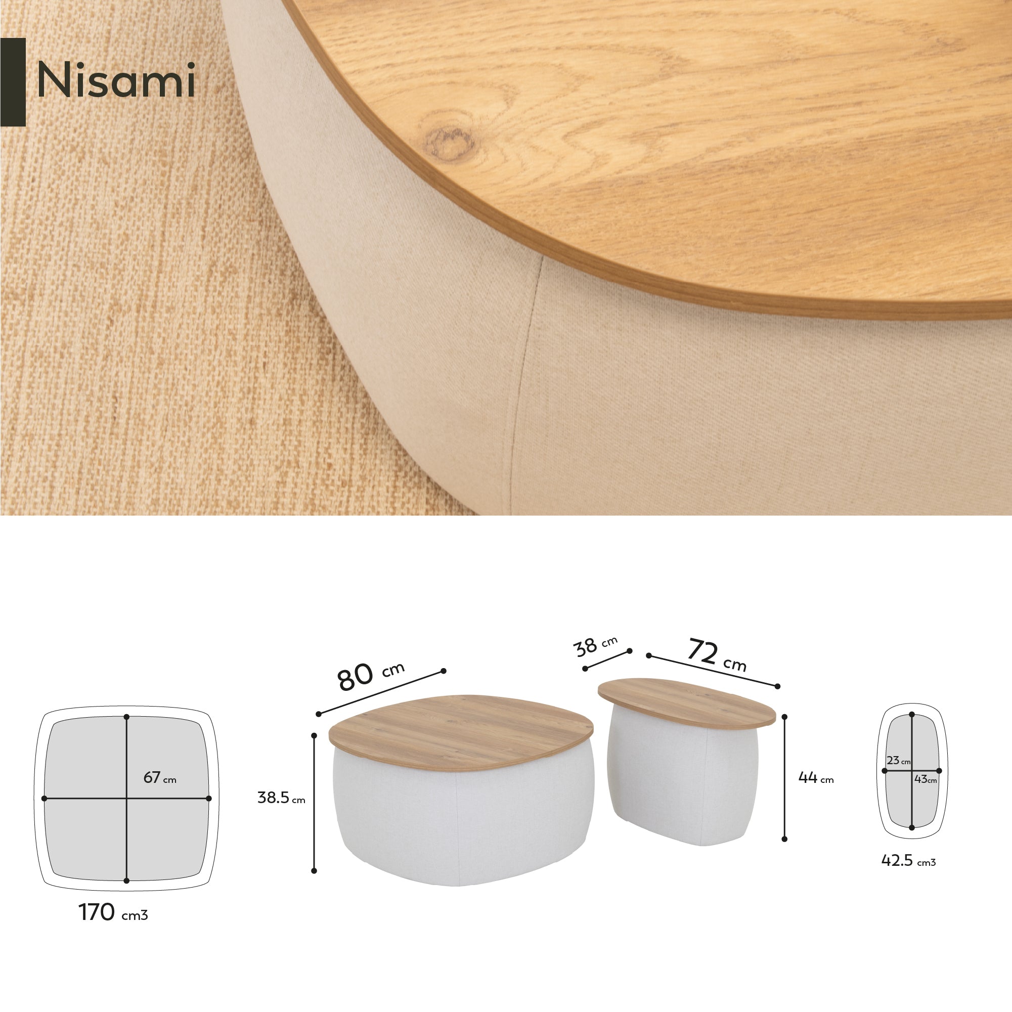 NISAMI | Conjunto de 2 mesas de café/centro encaixáveis com tampo em melamina efeito madeira e revestimento em tecido branco
