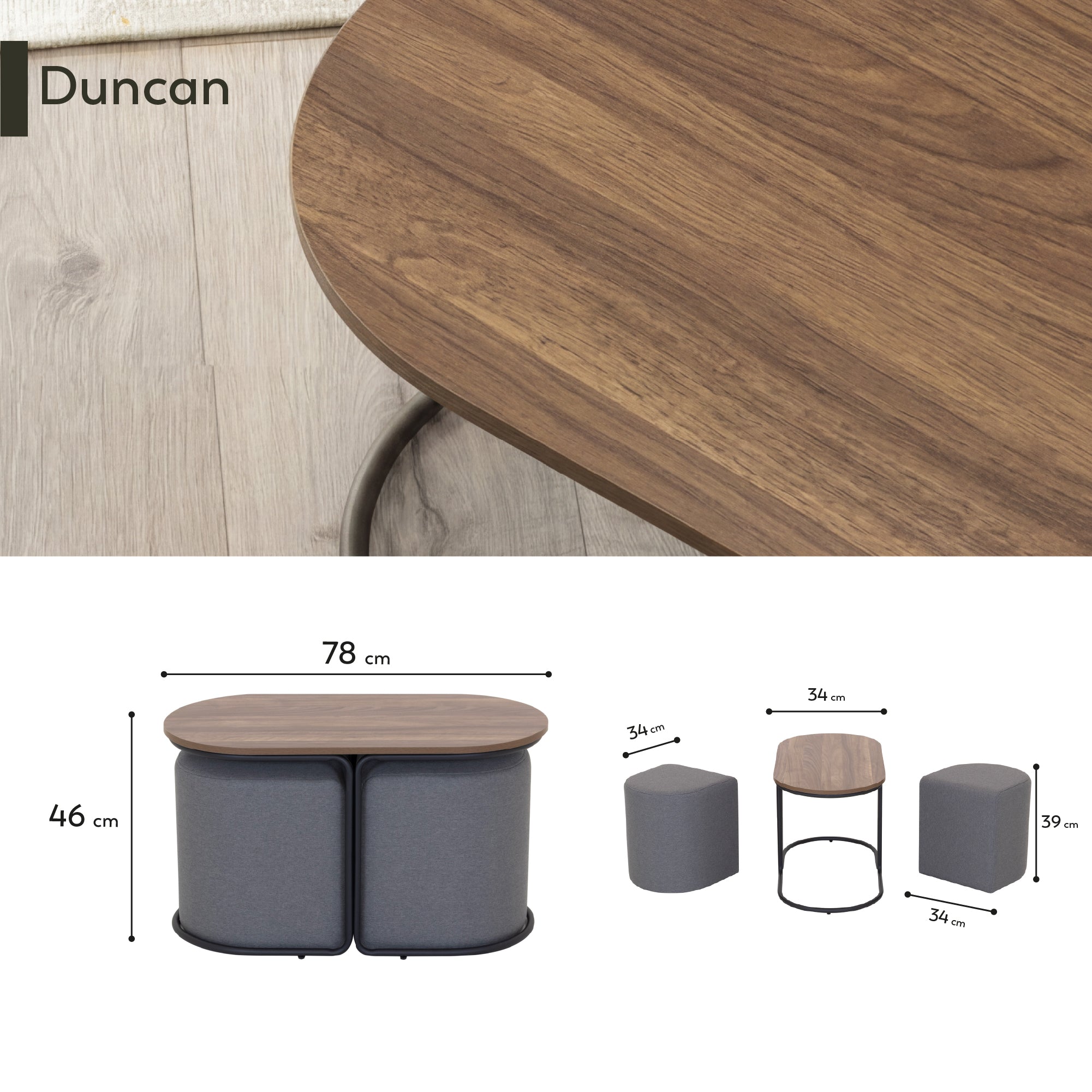 DUNCAN - Mesa de centro efeito nogueira com 2 bancos em tecido cinzento, 78x34 cm