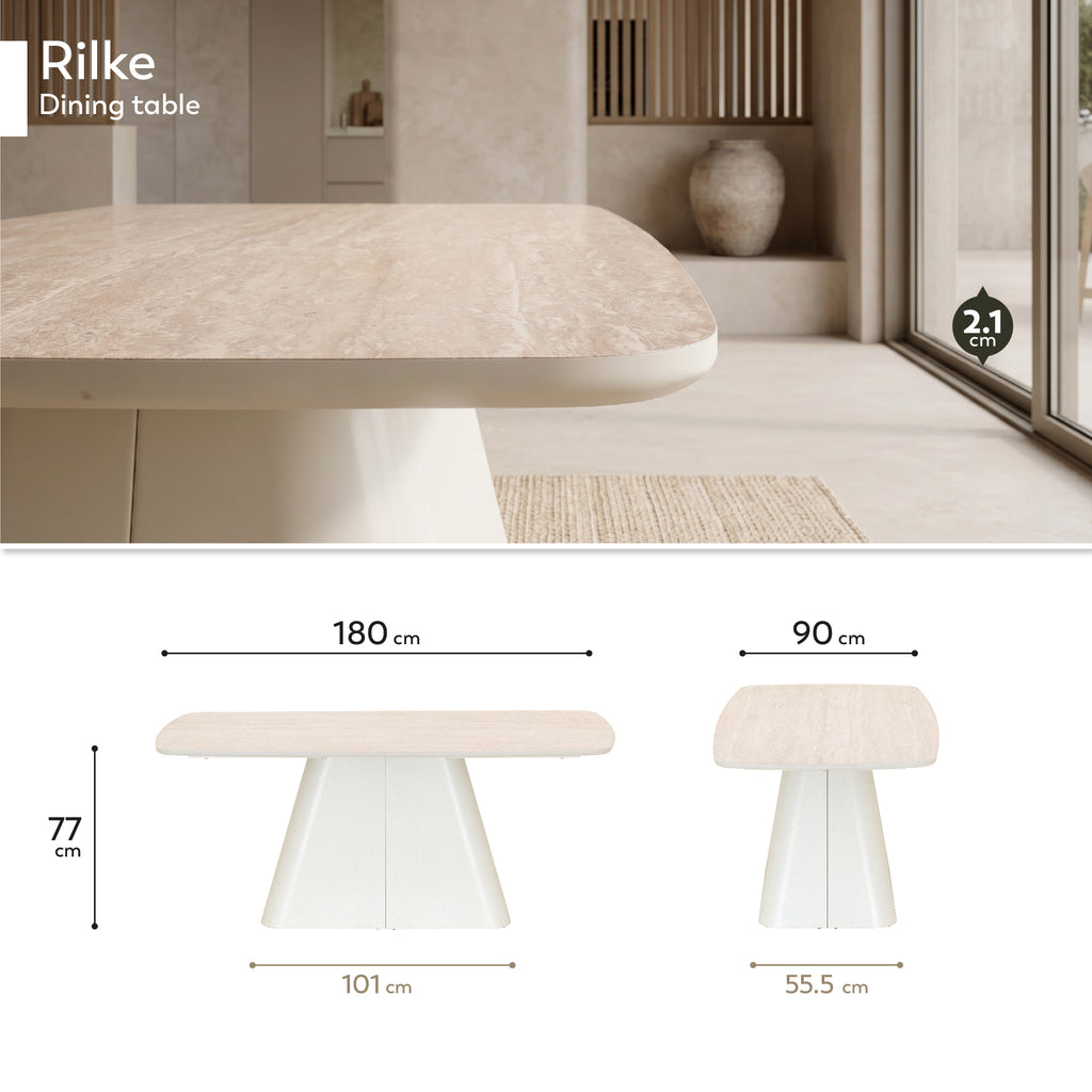 RILKE - Tavolo da pranzo con piano effetto pietra beige chiaro e struttura in metallo color crema