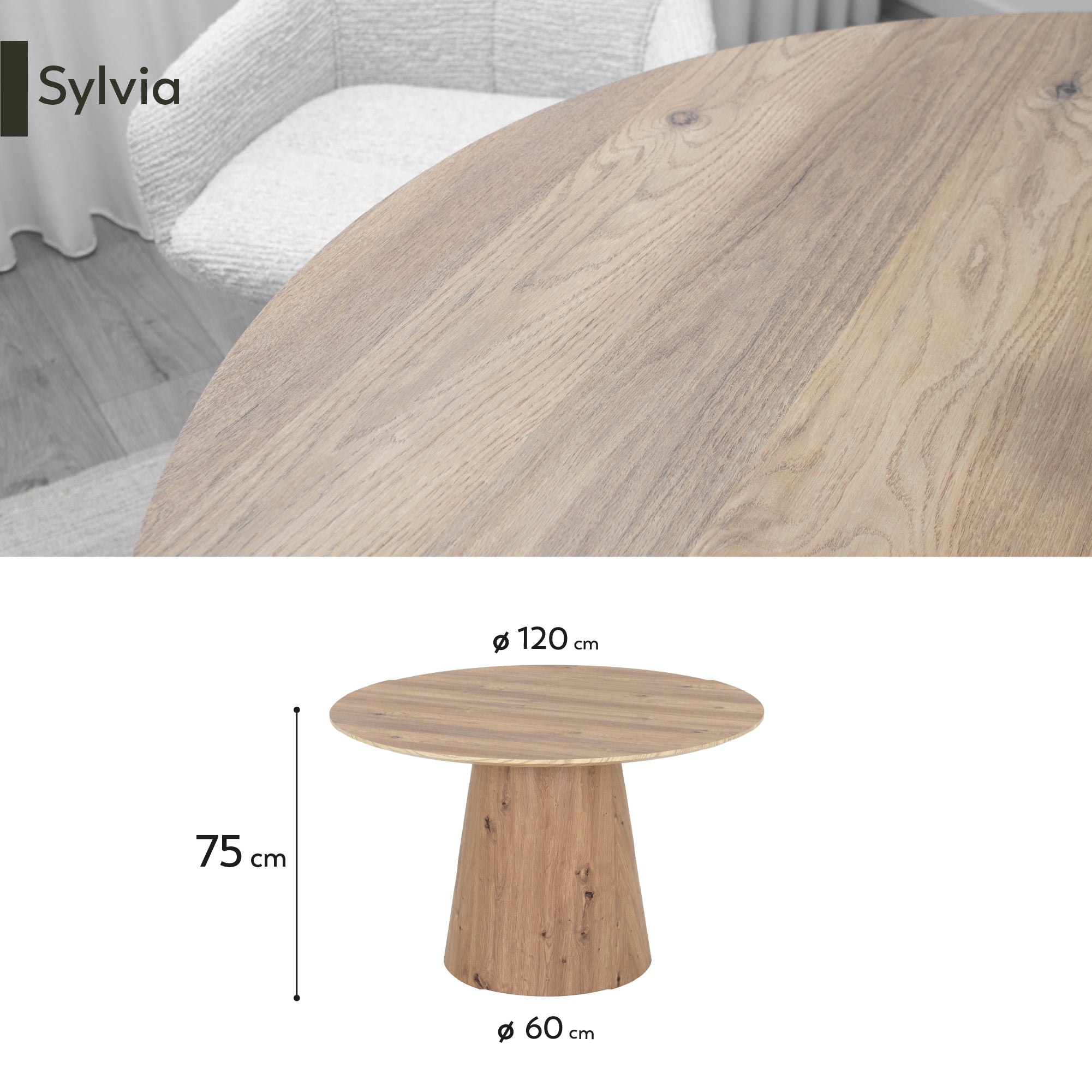SYLVIA - Mesa de jantar com tampo em melamina de 25 mm e estrutura em MDF (Ø120 x 75 cm)