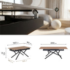 ALISON - Mesa de jantar extensível 160–200 × 90 cm, tampo cerâmico efeito madeira e estrutura metálica preta