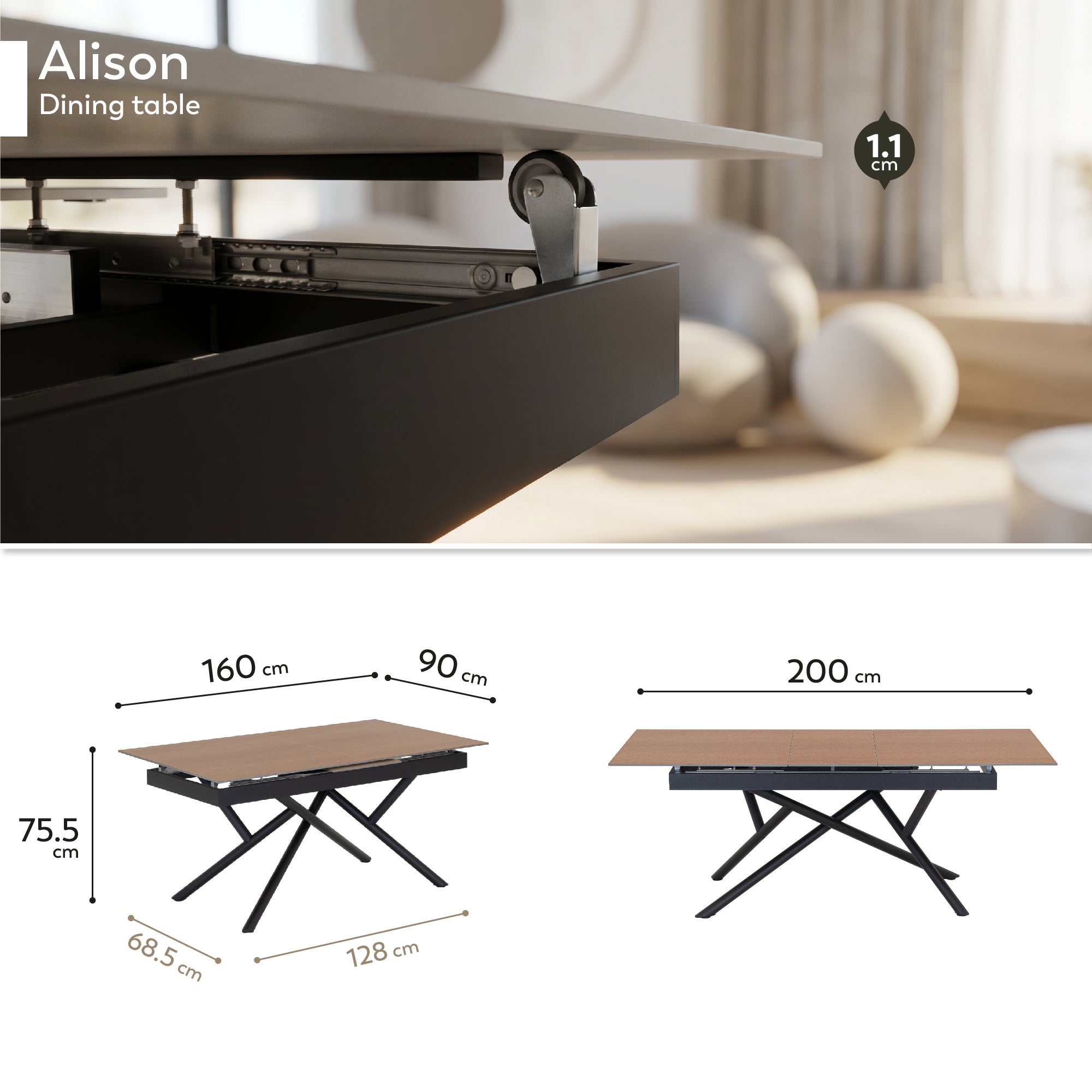 ALISON - Mesa de jantar extensível 160–200 × 90 cm, tampo cerâmico efeito madeira e estrutura metálica preta