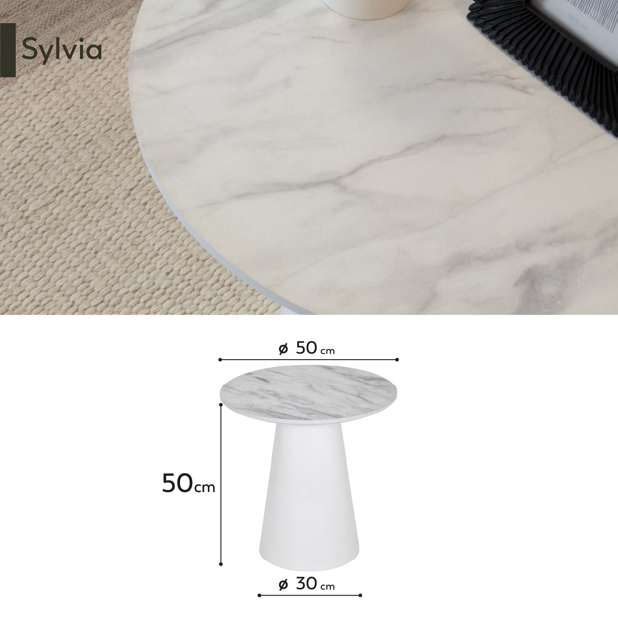 SYLVIA - Mesa de apoio com tampo em melamina de 25 mm efeito mármore e estrutura em MDF branca (Ø 50 x 50 cm)
