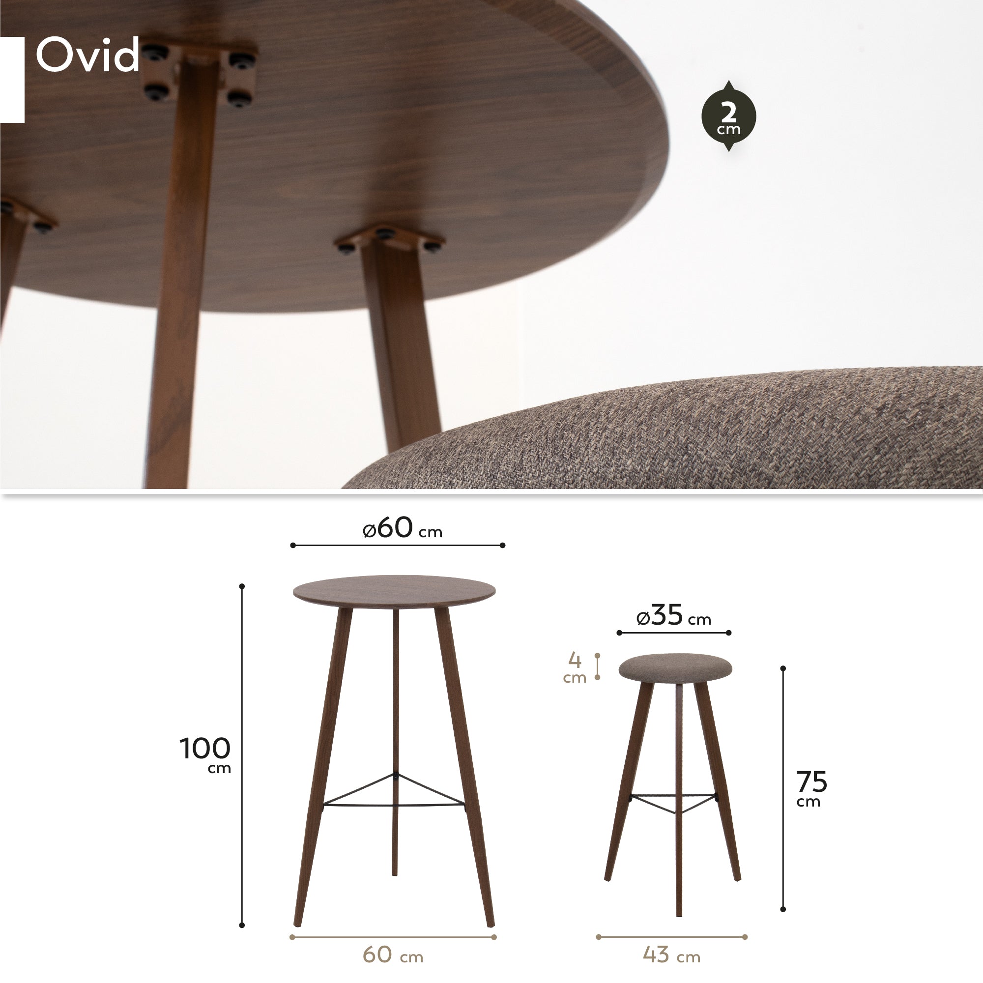 OVID - Conjunto de mesa alta com 2 cadeiras, tampo em MDF e estrutura metálica