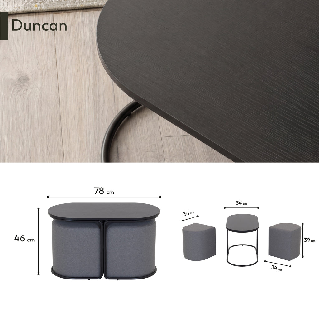 DUNCAN - Mesa de centro efeito madeira preta com 2 bancos em tecido cinzento, 78x34 cm