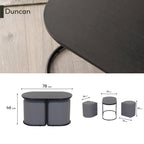 DUNCAN - Mesa de centro efeito madeira preta com 2 bancos em tecido cinzento, 78x34 cm