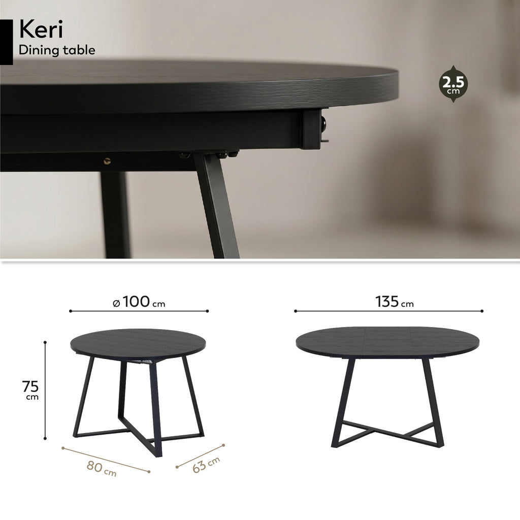 KERI - Mesa de refeição extensível redonda em melamina com estrutura metálica preta