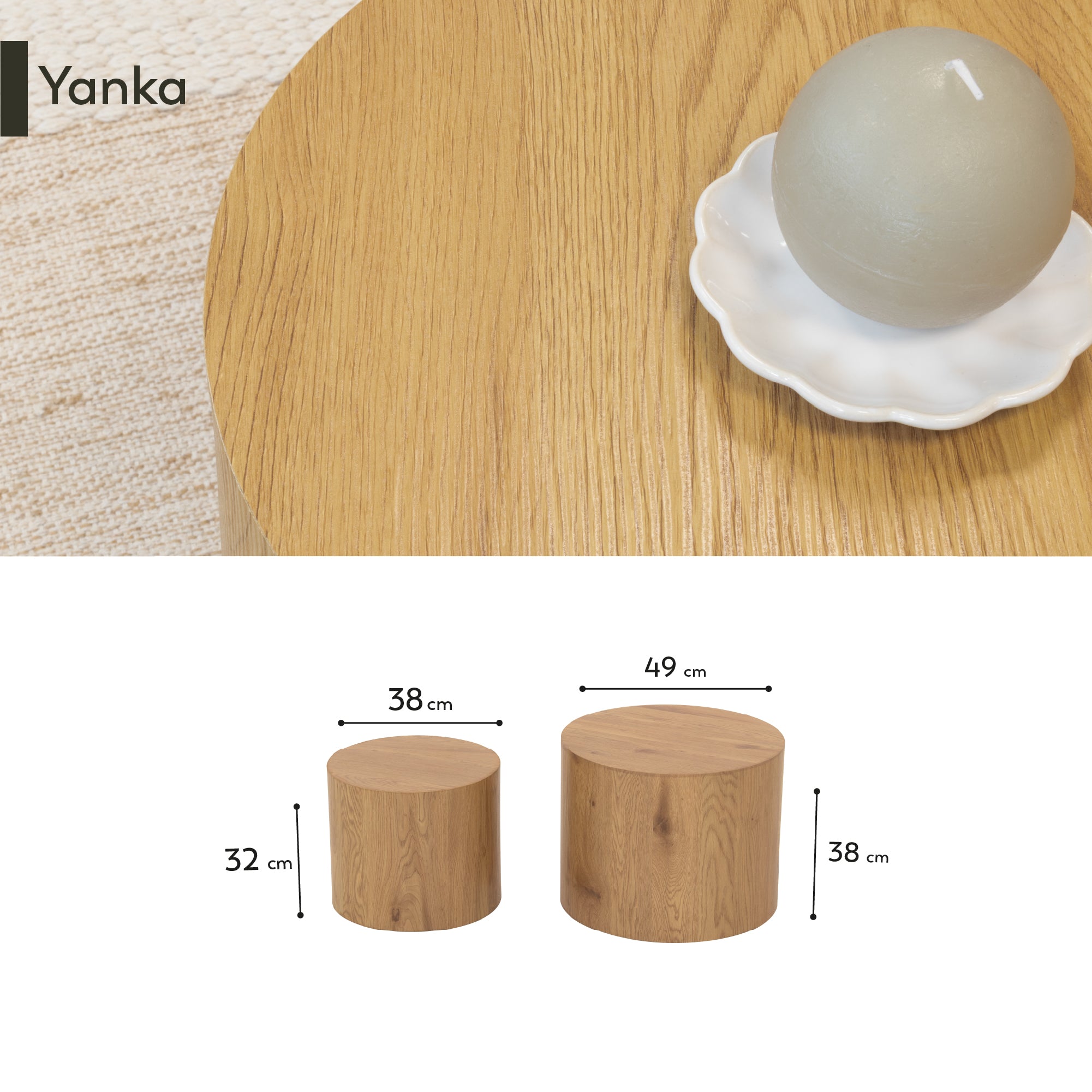 YANKA - Set di 2 tavolini da caffè in MDF con finitura effetto legno - Ø 49 e Ø 38 cm