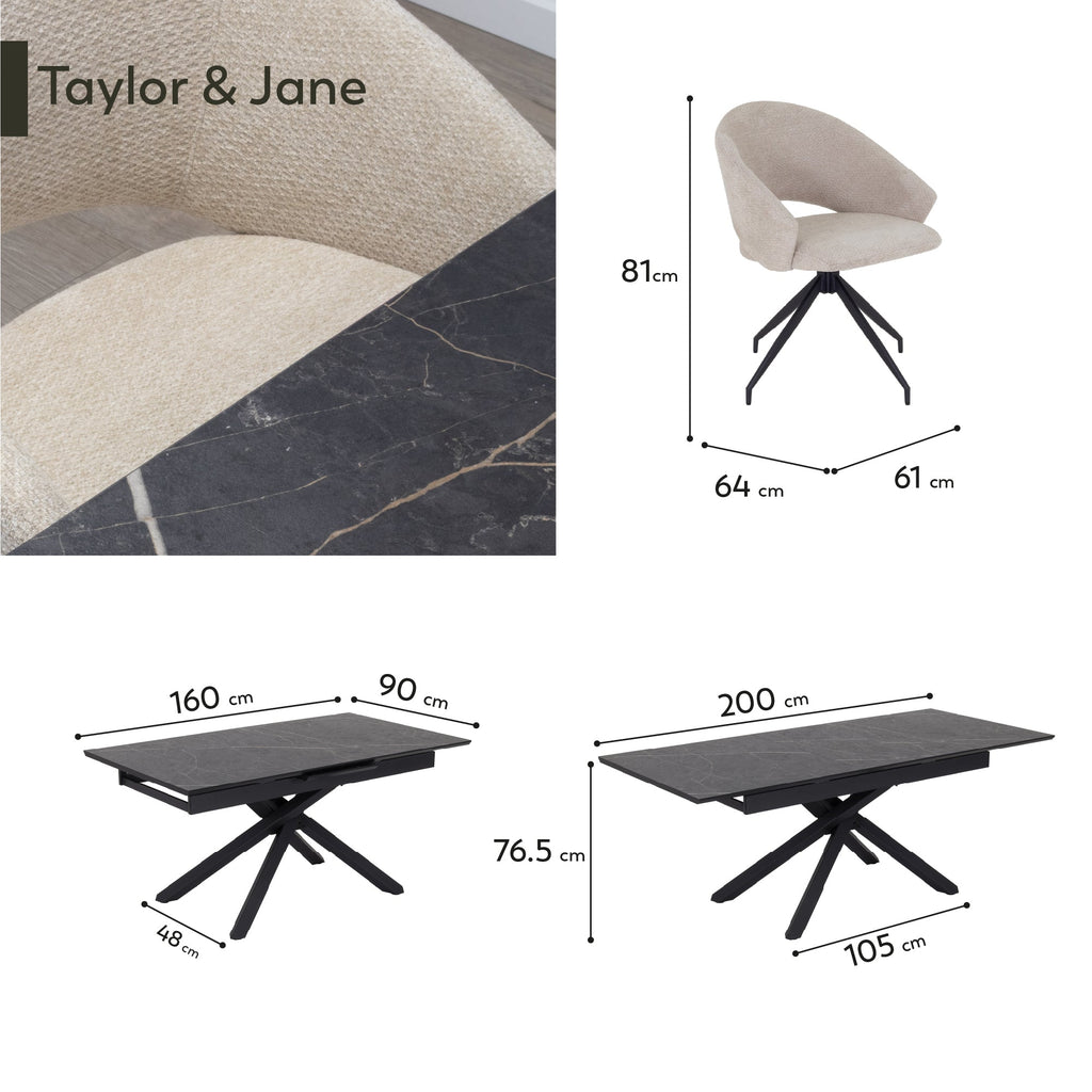 TAYLOR + JANE | Conjunto de mesa de comedor extensible 160-200x90 cm con 6 u 8 sillas en tejido beige y tablero efecto mármol negro